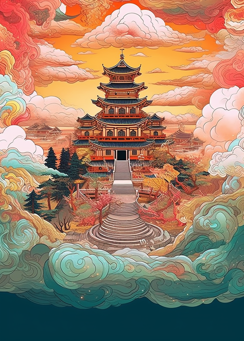 国潮古风插画古代建筑山水图壮观背景,插画/手绘图,插画/手绘图库,插画/手绘图下载,插画/手绘